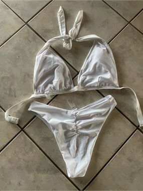 Fashion Nova White Tie-Halter Bikini Set